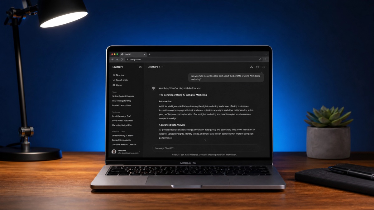 Tela de laptop com interface de IA em fundo azul elétrico — ferramentas de inteligência artificial para trabalho em 2026