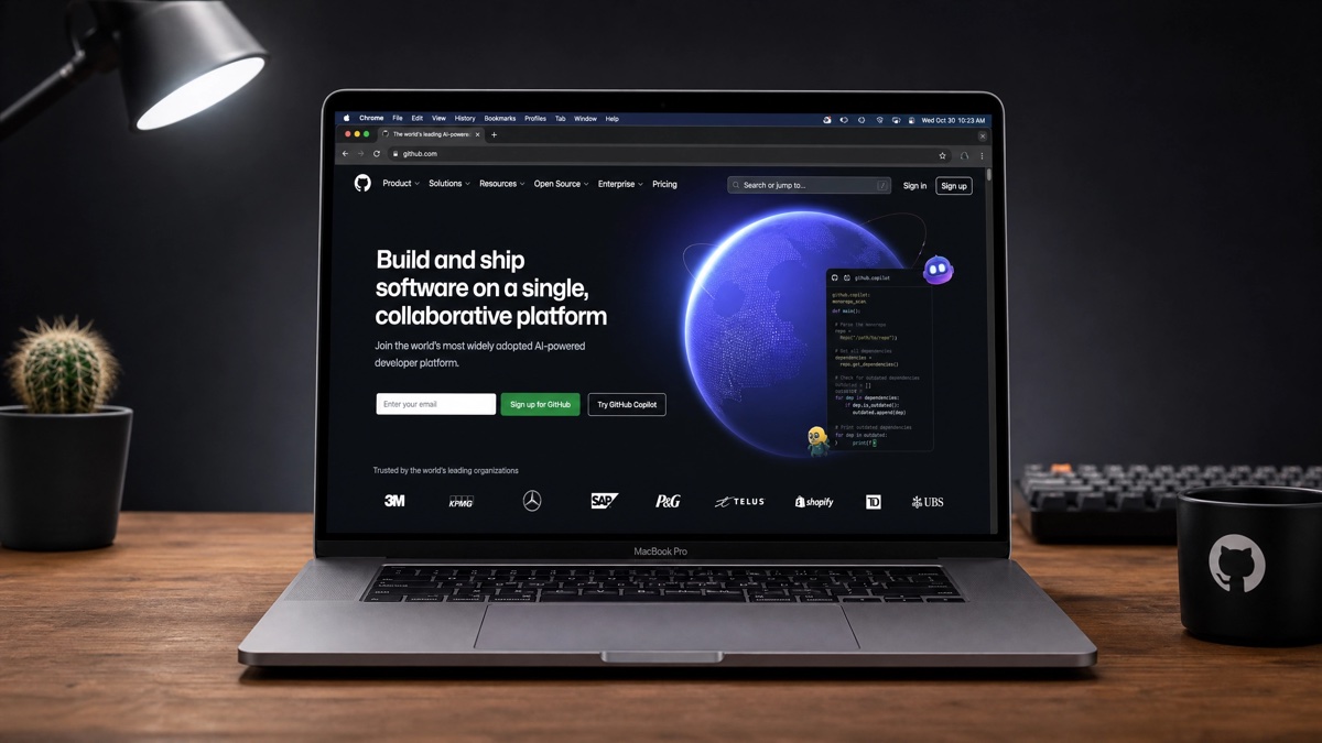 Terminal com código e interface GitHub em fundo slate escuro — melhores repositórios open source para produtividade em 2026