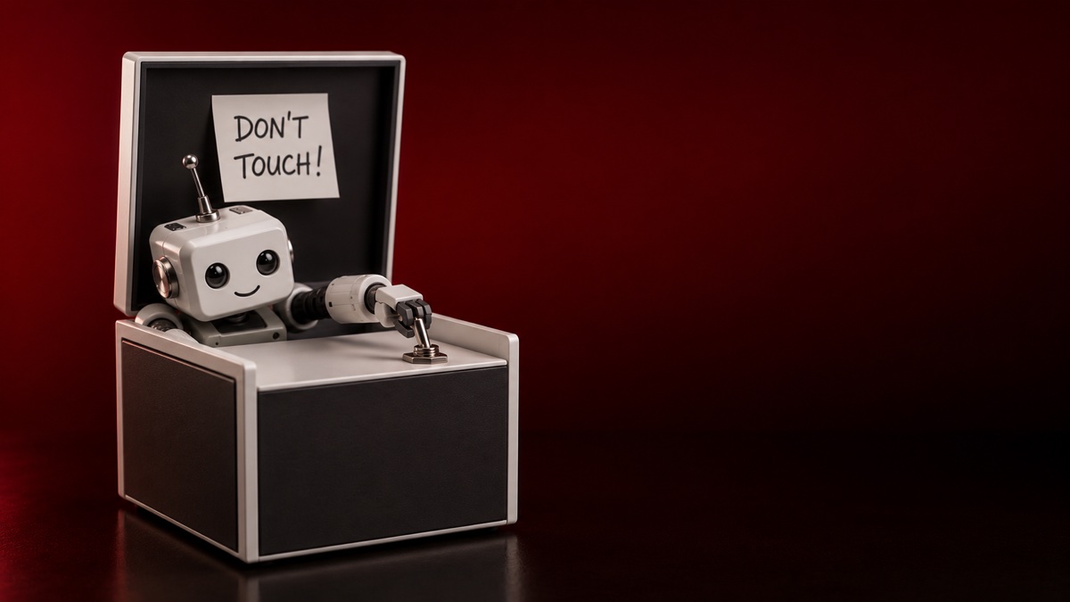 Caixa moderna branca e grafite tipo 'useless box' com a tampa aberta e a plaquinha 'DON'T TOUCH!' ao centro; um robozinho branco e simpático se debruça e estica o braço para desligar o interruptor de metal na frente da caixa, em fundo vermelho — a IA sendo desligada e controlada