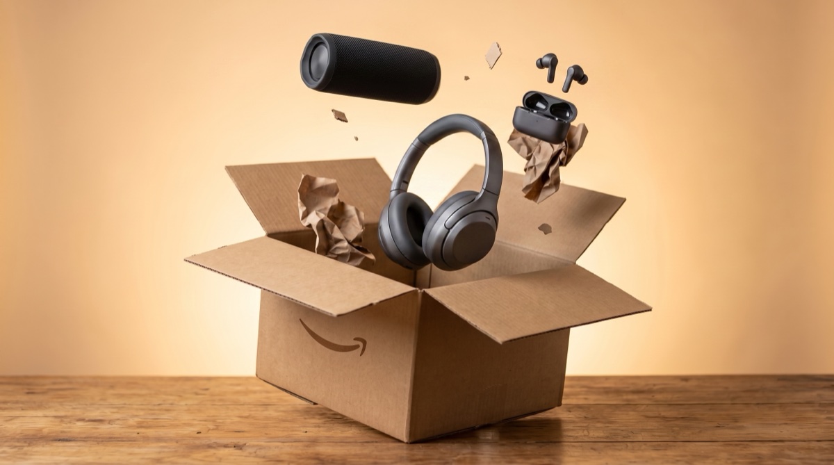 Uma caixa de entrega de papelão aberta com equipamentos de áudio — caixa de som portátil, fones sem fio e uma caixa de festa — saindo dela, sobre fundo âmbar