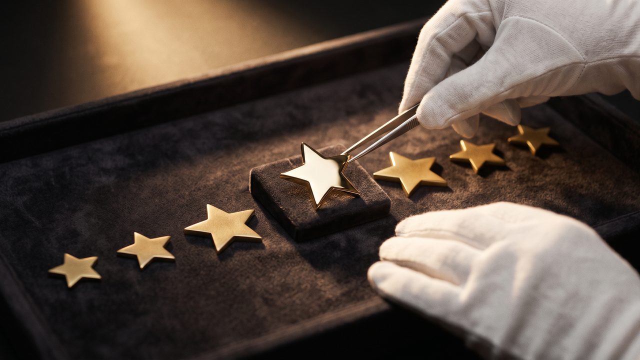 Bandeja de curador estilo joalheria com pequenas medalhas em formato de estrela, uma delas maior e mais polida em destaque sobre um pedestal — metáfora da curadoria mensal dos repositórios mais bem avaliados do Claude no GitHub