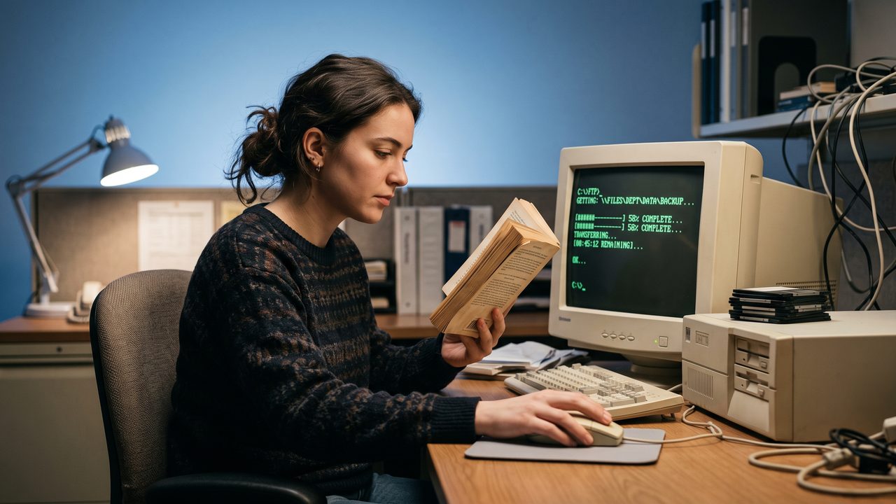 Mão apoiada sobre um mouse antigo ao lado de um livro aberto, monitor CRT com terminal verde ao fundo, luz azulada de escritório dos anos 90