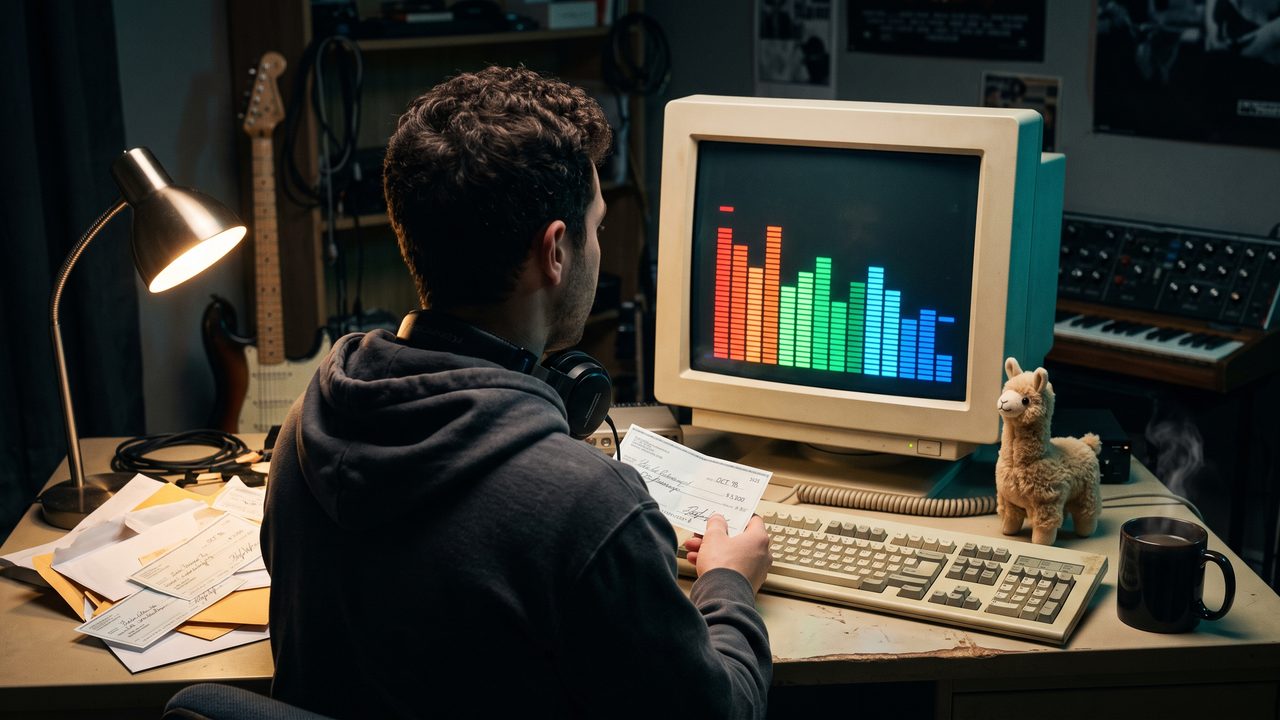 Jovem de costas diante de um monitor CRT bege exibindo barras coloridas de um visualizador de áudio, fones no pescoço, envelopes com cheques e uma pequena lhama de pelúcia sobre a mesa, quarto de fim dos anos 90
