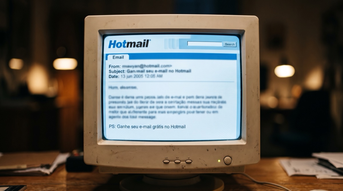Monitor CRT centralizado, fundo embaçado, tela exibindo um e-mail aberto na interface azul e branca do Hotmail dos anos 90, corpo do texto desfocado e ilegível, com a linha de assinatura nítida no rodapé: PS: Ganhe seu e-mail grátis no Hotmail