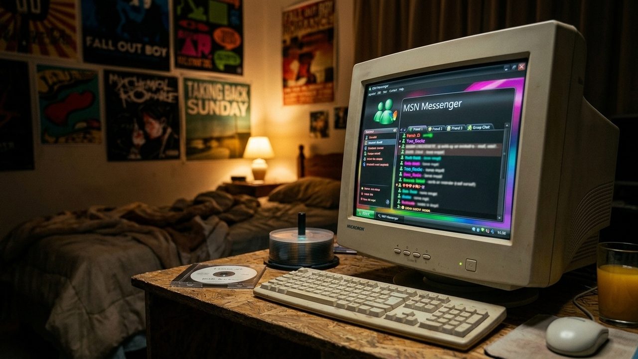 Quarto adolescente dos anos 2000 à noite com monitor CRT em ângulo exibindo o MSN Messenger customizado pelo Messenger Plus: lista de contatos colorida, janelas com abas e skin personalizada