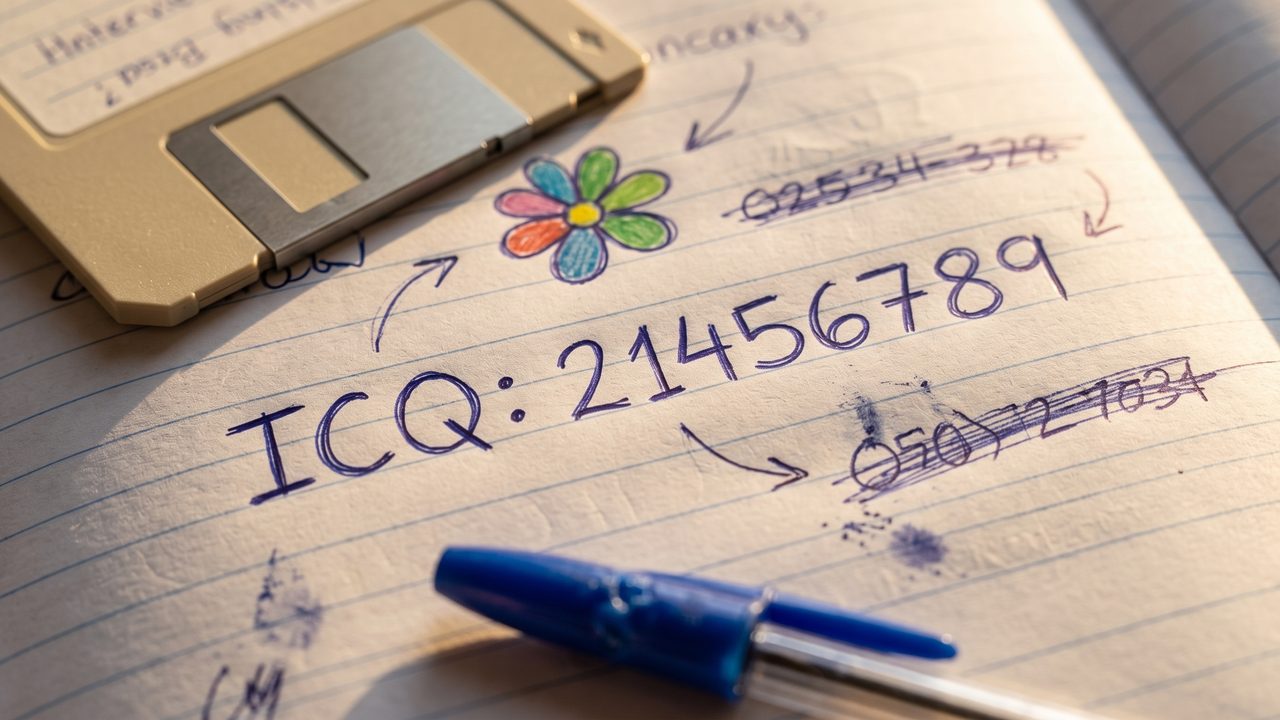 Página de caderno escolar com o número de ICQ 21456789 escrito à caneta azul, uma flor colorida desenhada à mão, números riscados ao lado, um disquete e uma caneta BIC sobre o papel