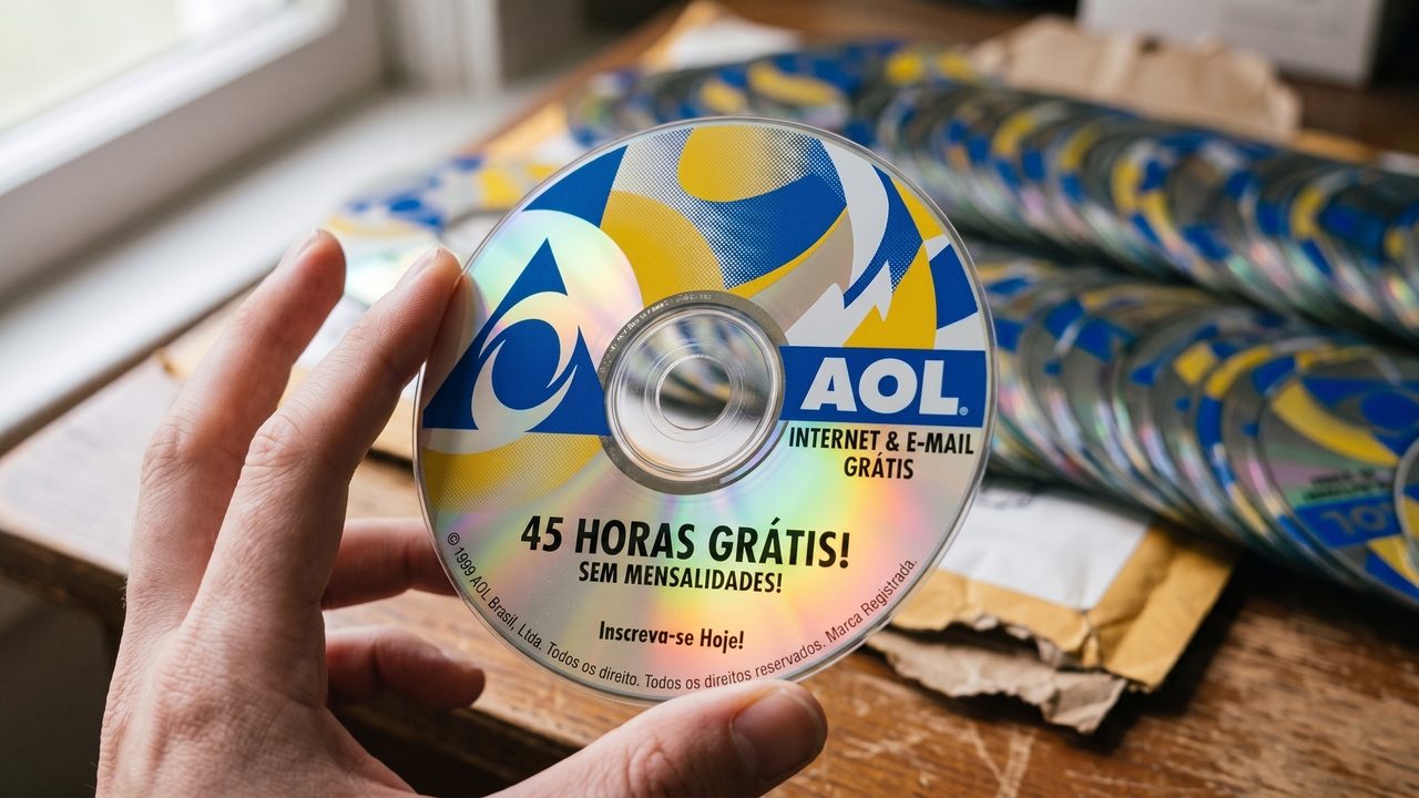 Mão segurando um CD de instalação da AOL Brasil de 1999, com o logotipo azul e amarelo e a oferta "45 horas grátis, sem mensalidades" legíveis, pilha desfocada de outros CDs idênticos ao fundo