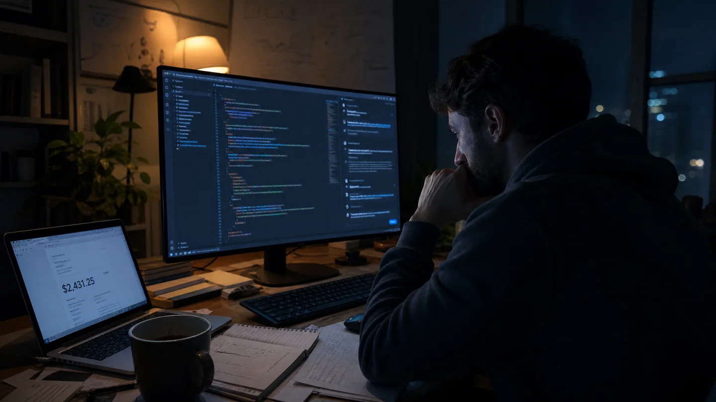 Laptop mostrando interface do GitHub Copilot com fundo azul — novo modelo de cobrança por token
