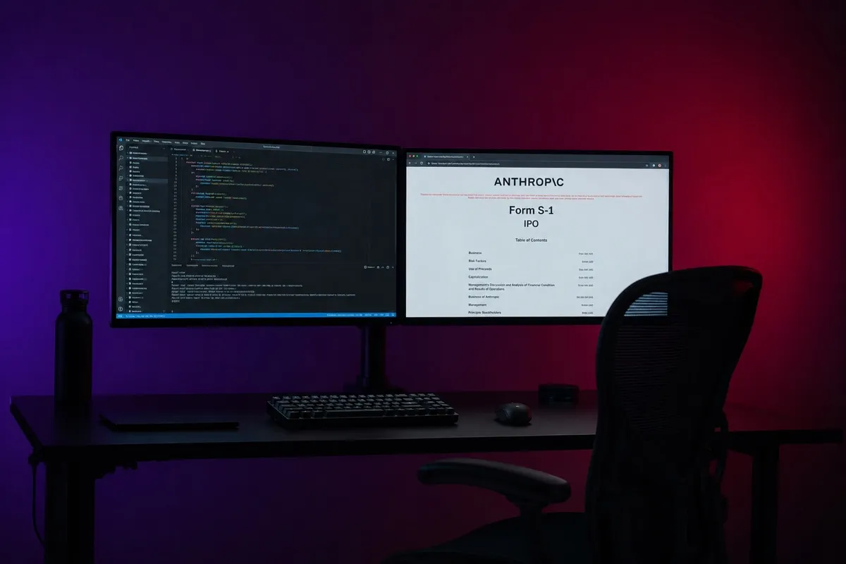 Dois monitores em uma mesa escura sem ninguém — código gerado por IA e documento de IPO da Anthropic iluminados no escuro