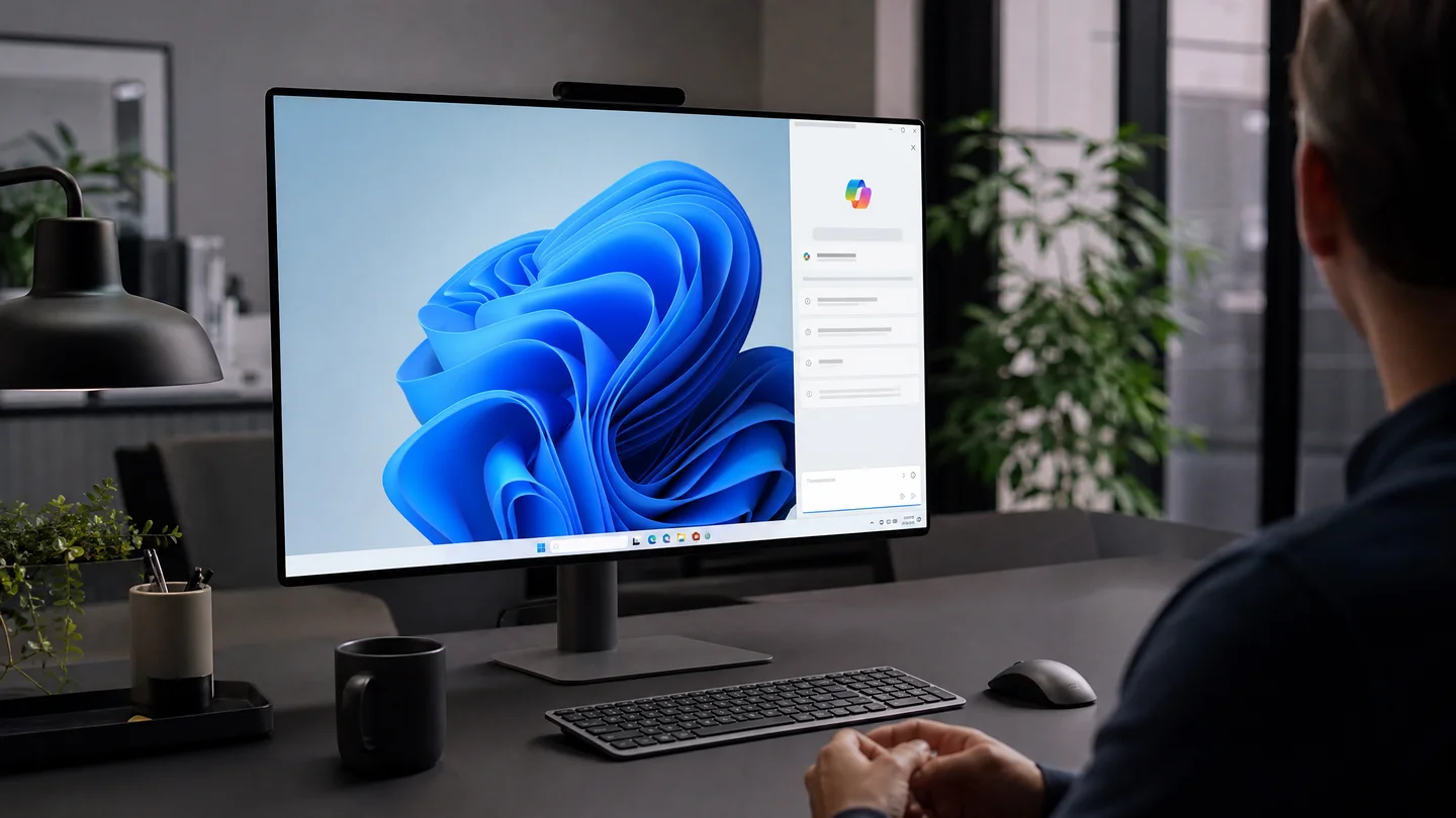 Laptop com Windows mostrando interface de agente IA — Build 2026 Microsoft